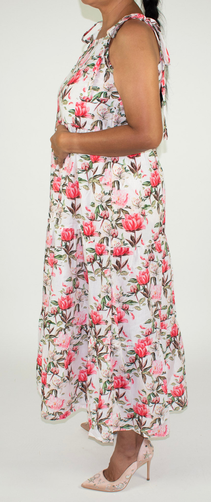 Linen Rami -Floral Spaghetti Strap Dress