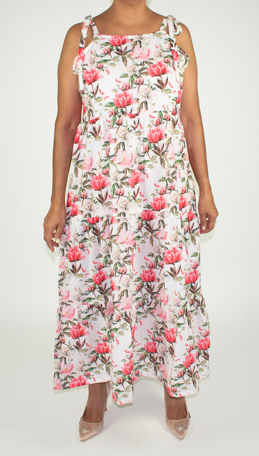 Linen Rami -Floral Spaghetti Strap Dress